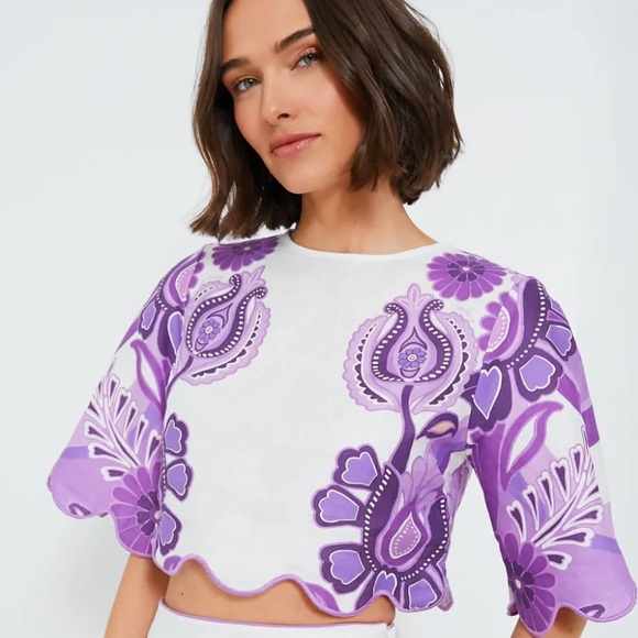 FARM Rio Tops - FARM Rio Purple Color Festival Euroflax Cream Cropped blouse, XL, NWOT